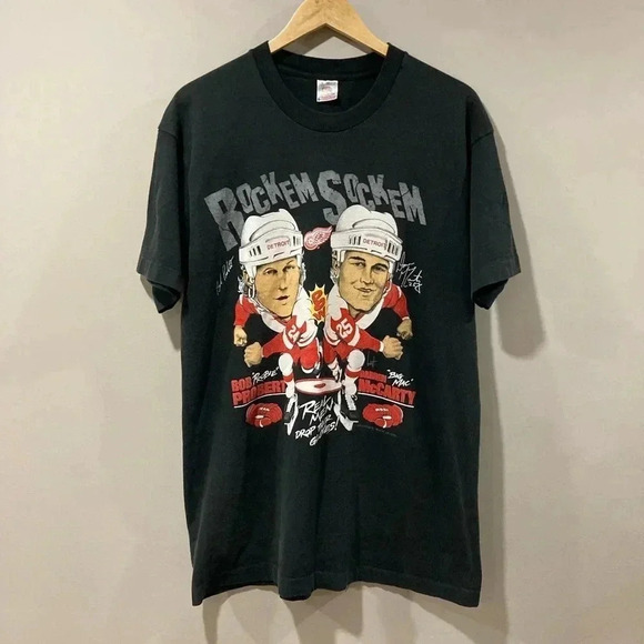 1993 Bob Probert & Darren McCarty Rockem Sockem Detroit Redwings T-Shirt - Rare - Picture 1 of 9